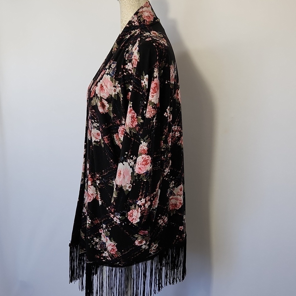 Women's Floral Print Fringe Hem Open Front Kimono Sleeve Shrug Cardigan Size L - Picture 6 of 9